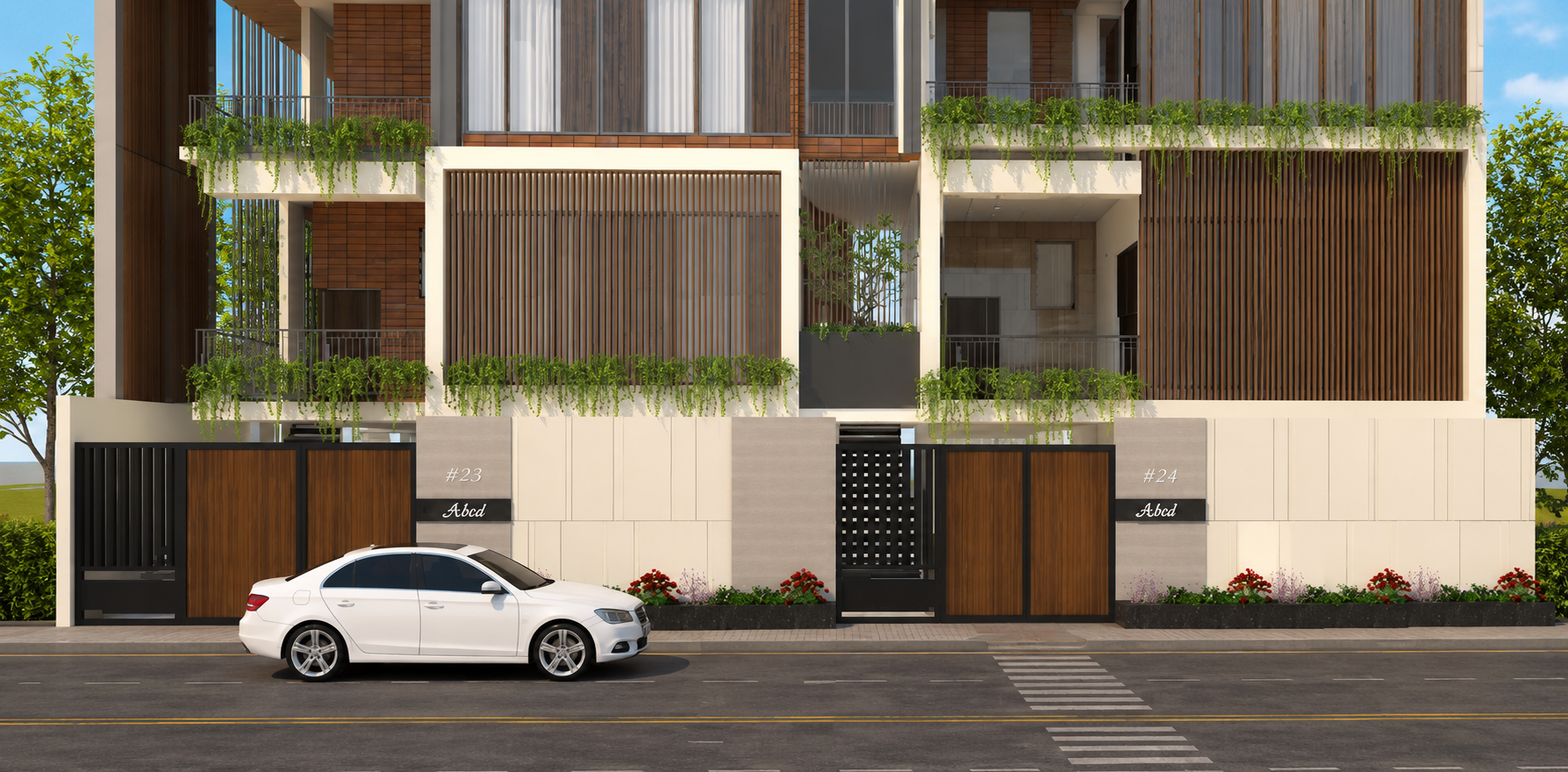 THE SYMMETRY RESIDENCE – Gated Entry & Limestone Wall Detail